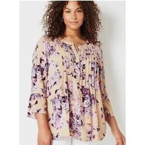 J Jill Womens Pintucked Blouse Small Bell Sleeve Purple Peach Crinkle Crepe